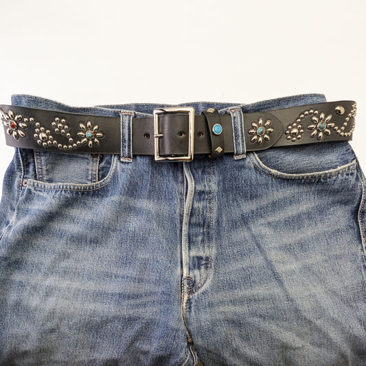 Black Floral Studded Leather Belt – Custom Size, Handmade in Japan