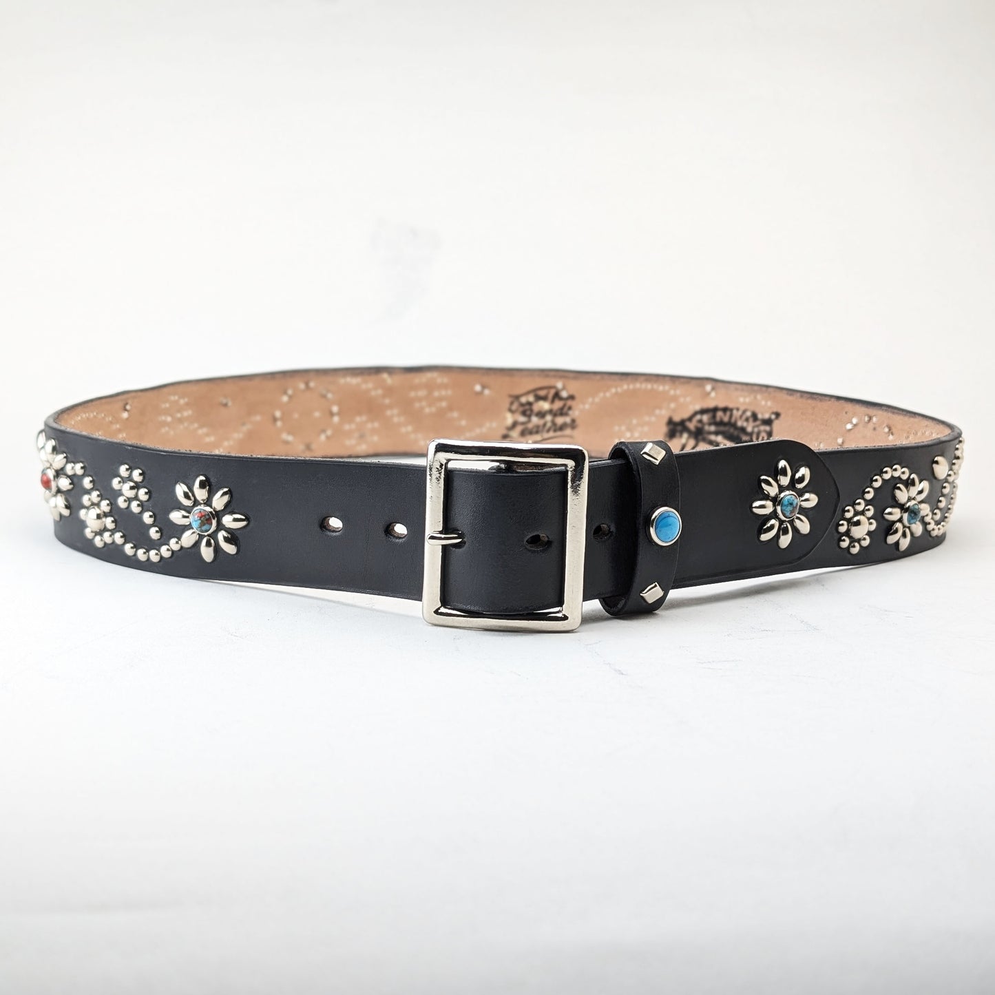 Black Floral Studded Leather Belt – Custom Size, Handmade in Japan