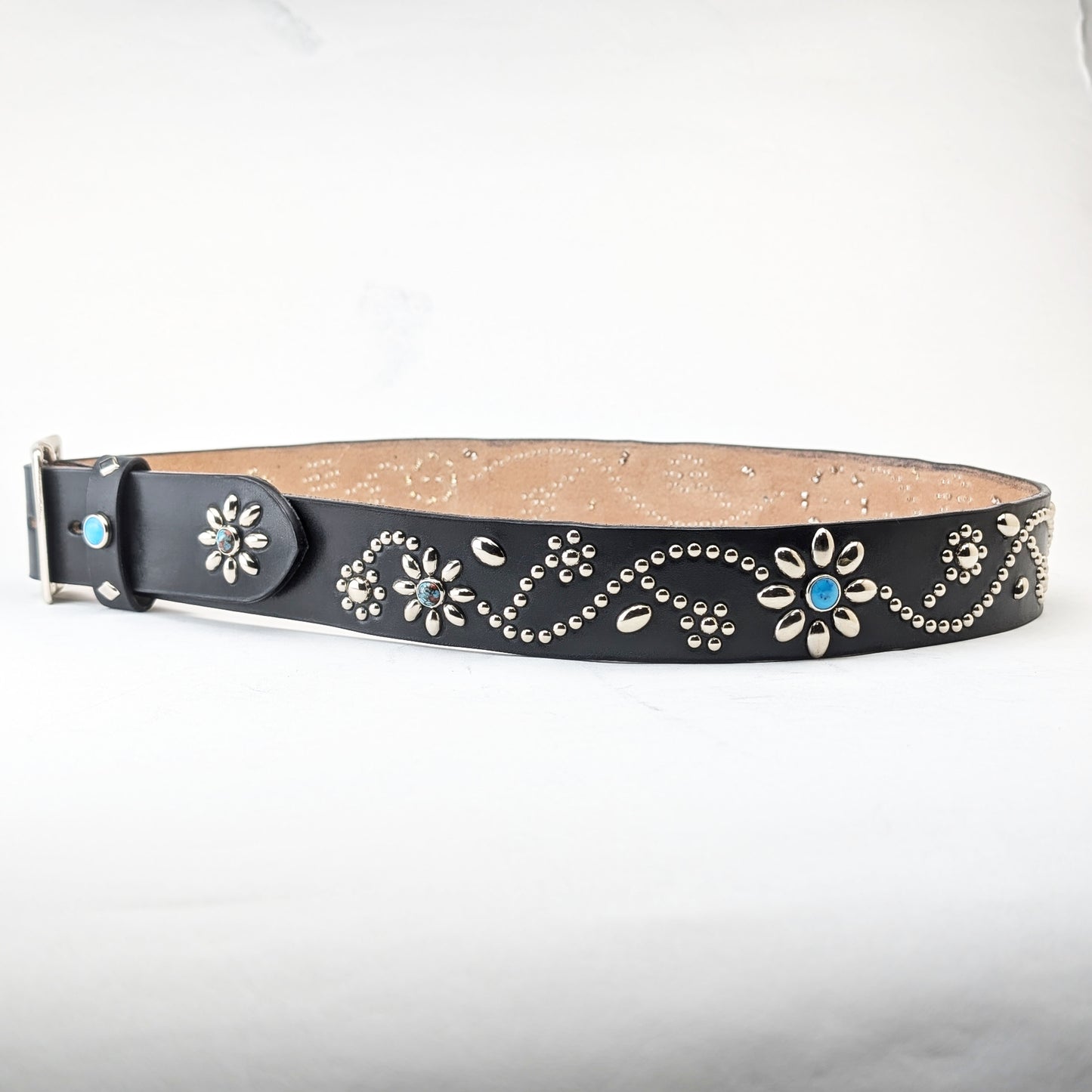 Black Floral Studded Leather Belt – Custom Size, Handmade in Japan