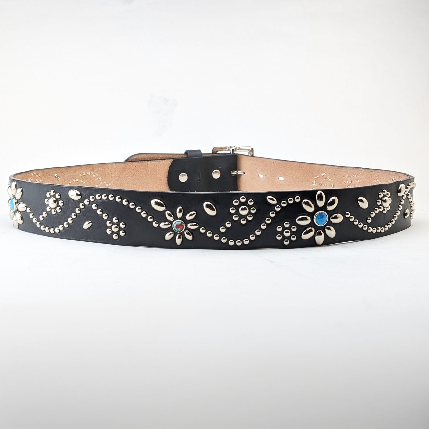 Black Floral Studded Leather Belt – Custom Size, Handmade in Japan