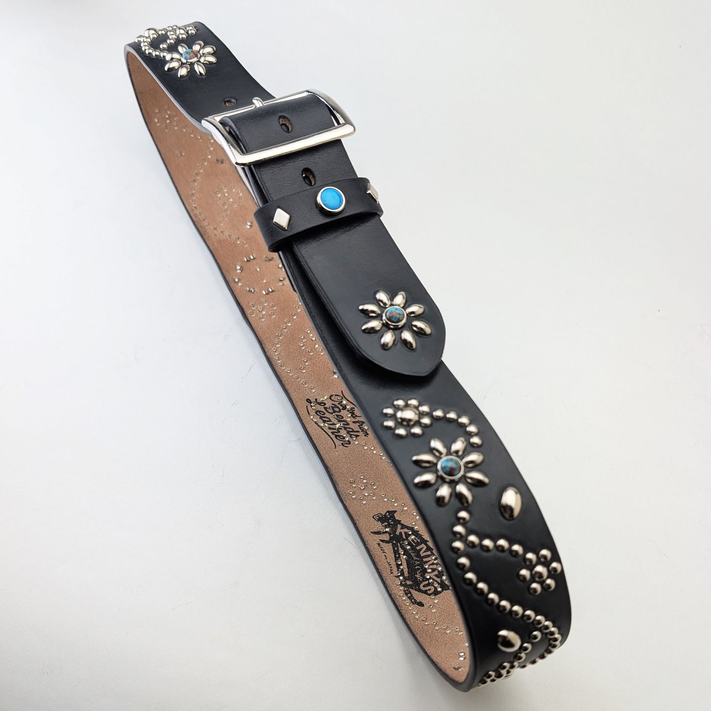 Black Floral Studded Leather Belt – Custom Size, Handmade in Japan