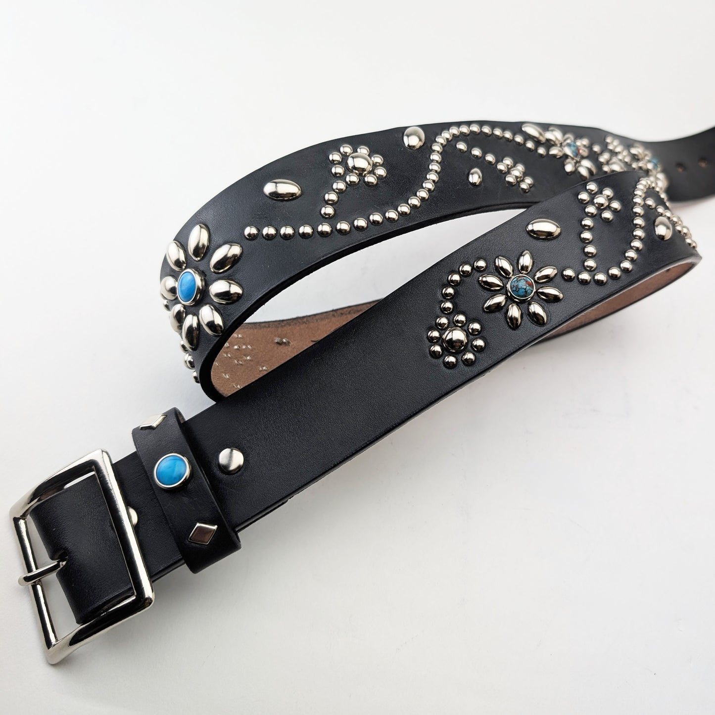 Black Floral Studded Leather Belt – Custom Size, Handmade in Japan