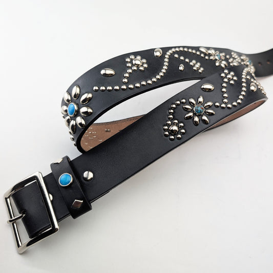 Black Floral Studded Leather Belt – Custom Size, Handmade in Japan