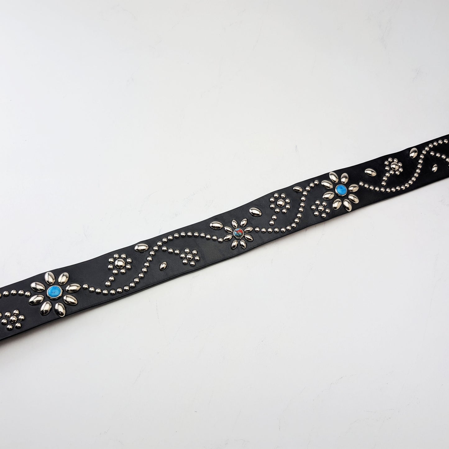 Black Floral Studded Leather Belt – Custom Size, Handmade in Japan