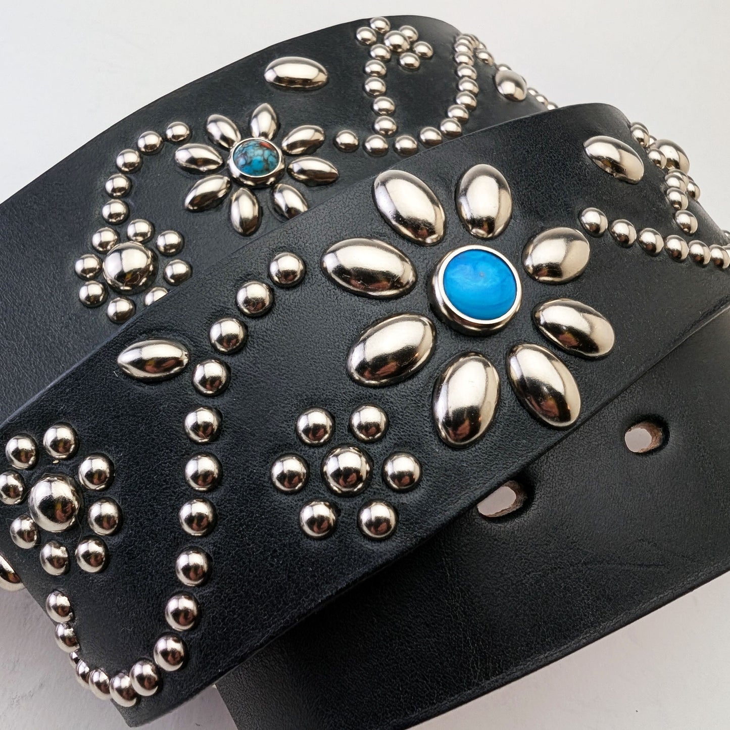 Black Floral Studded Leather Belt – Custom Size, Handmade in Japan