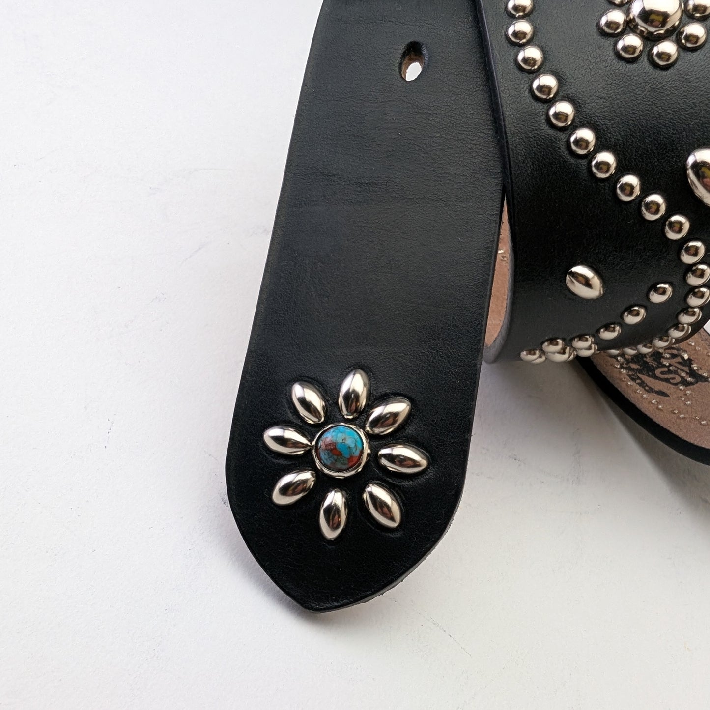 Black Floral Studded Leather Belt – Custom Size, Handmade in Japan