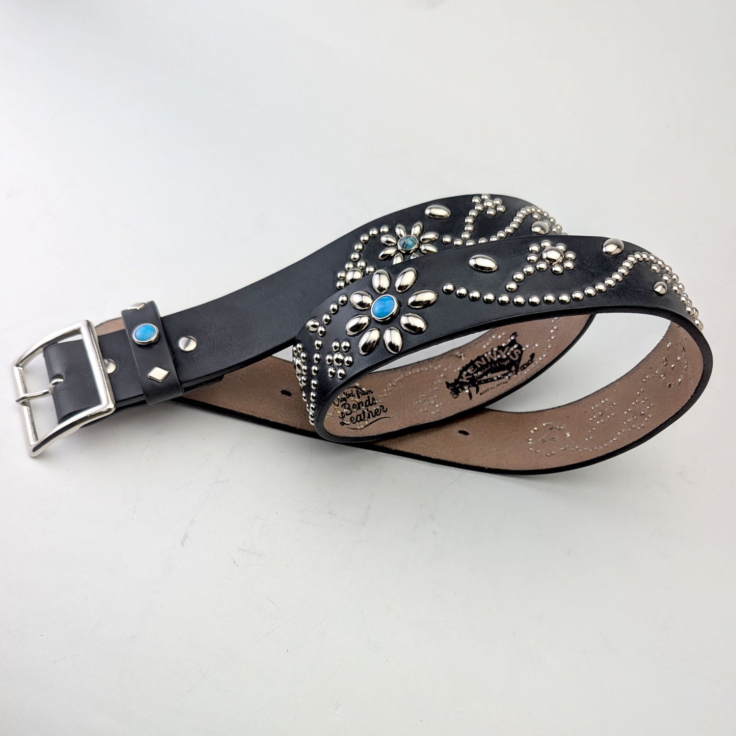 Black Floral Studded Leather Belt – Custom Size, Handmade in Japan