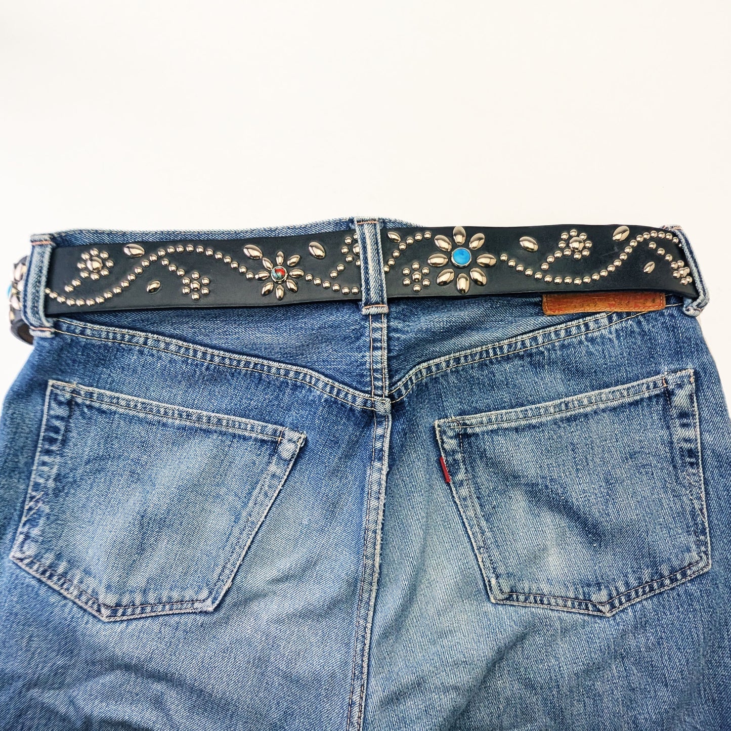 Black Floral Studded Leather Belt – Custom Size, Handmade in Japan