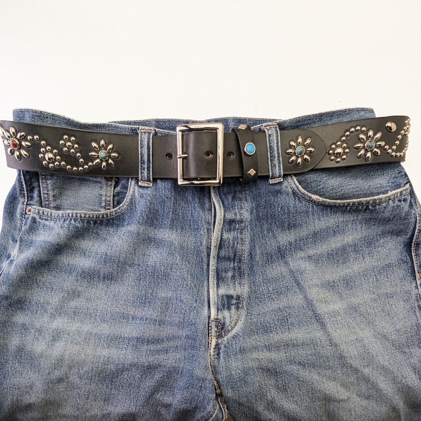 Black Floral Studded Leather Belt – Custom Size, Handmade in Japan